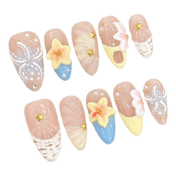 S 10 Pack French Acrylic Press On Nails 3D Seashell Starfish Design Pointed Handmade Art Tips For Women