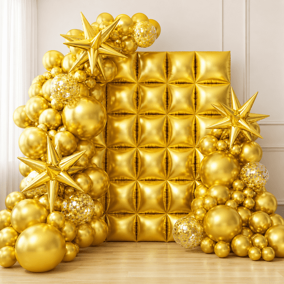 S 152Pcs Gold Foil Square Balloon Wall Backdrop with Metallic Gold Latex Balloons Arch Garland Kit, Double Sided Balloon Tunnel for New Year Birthday Anniversary Graduation Party Decorations