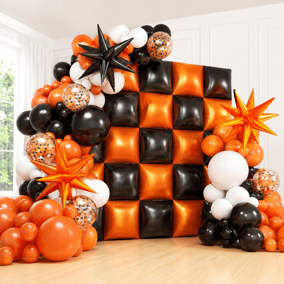S 152Pcs Orange and Black Foil Square Balloon Wall Backdrop with Black Orange White Latex Balloons Arch Garland Kit, Double Sided Balloon Tunnel for Graduation, Birthday, Halloween Party Decoration