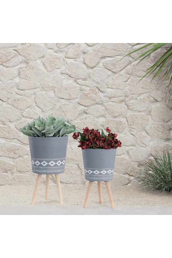 S/2 10/12" DIAMOND PLANTER W/ WOOD LEGS, GRAY (KD)