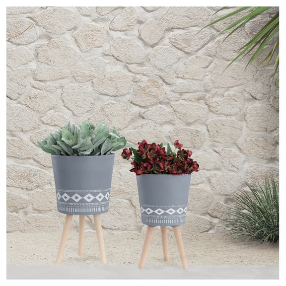 S/2 10/12" PLANTER W/ WOOD LEGS, GRAY (KD)