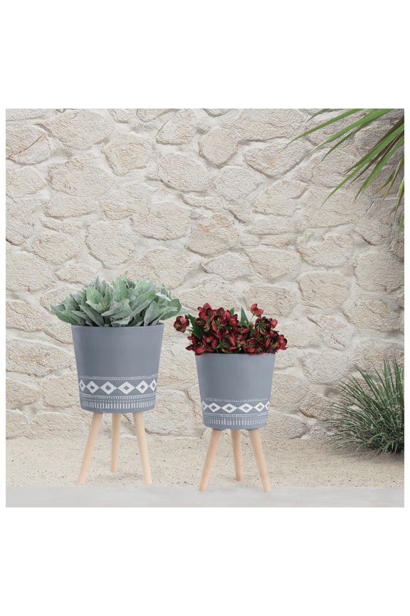 S/2 10/12" PLANTER W/ WOOD LEGS, GRAY (KD)