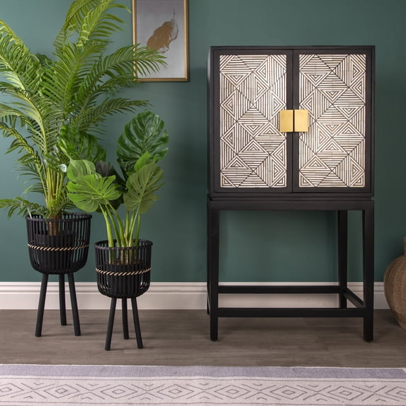 S/2 BAMBOO FOOTED PLANTERS 10/12", BLACK 06811