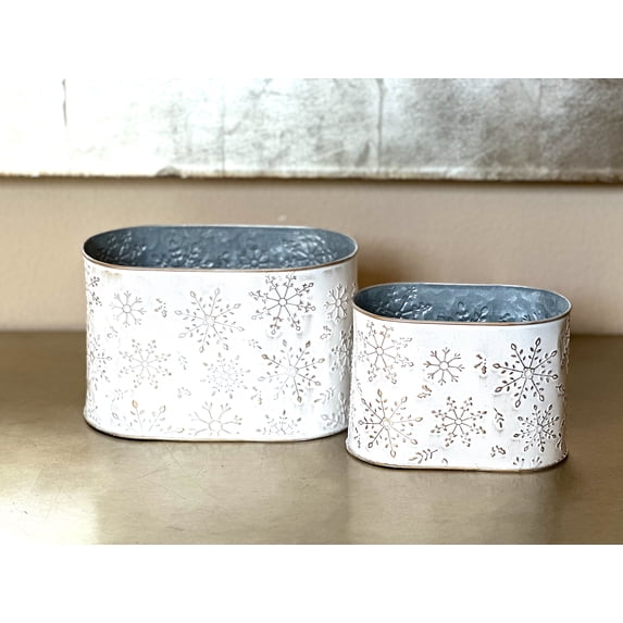 S/2 Decorative Metal Oval Buckets White & Gold Snowflakes Embossed Designs Containers Christmas Winter Holiday Decor Accessories Indoor Outdoor