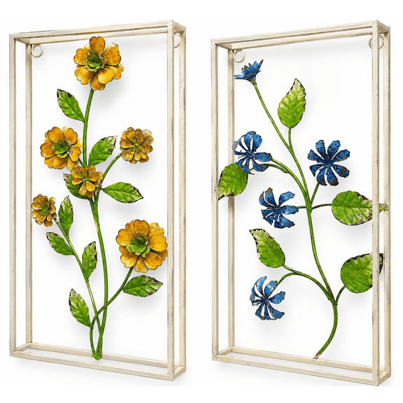 S/2 Floral Wall Panels Rustic Metal Decorative Hanging Art  White Frames W Yellow & Blue Flowers Room Office Sunroom Den Entryway Indoor Outdoor Dcor