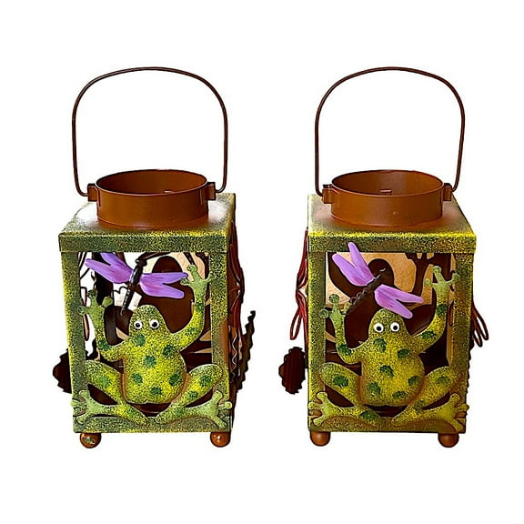 S/2 Lantern Frog Flower Dragonfly Candle Holder Metal Rustic Indoor Outdoor Garden Colorful Decor 6.5" x 4"