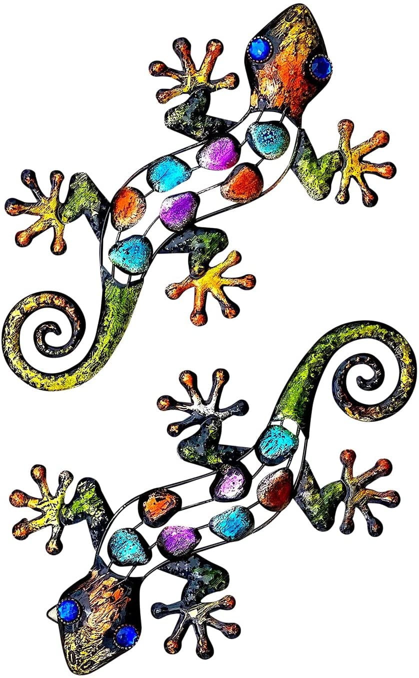S/2 Lizard Gecko Decor Colorful Metal Home Garden Fence Yard Wall Art Sculptures Indoor Outdoor 12"