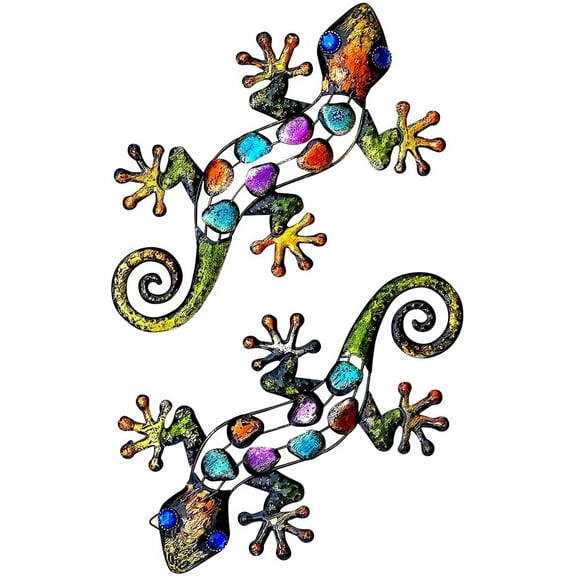 S/2 Lizard Gecko Decor Colorful Metal Home Garden Fence Yard Wall Art Sculptures Indoor Outdoor 12"