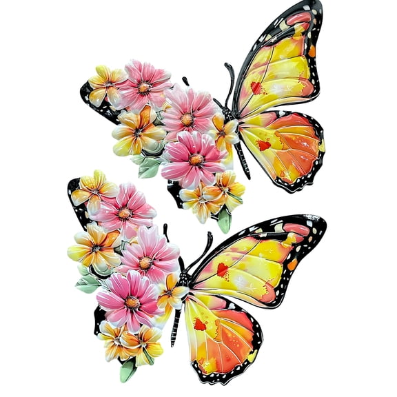 S/2 Metal Butterfly Monarch Inspired Colorful Wall Dcor W Floral Design  Bright Hanging Sculpture Art for Kids Room Party Decoration Indoor or Covered Outdoor Patio Porch Pergola Garden 16" x 12.5"