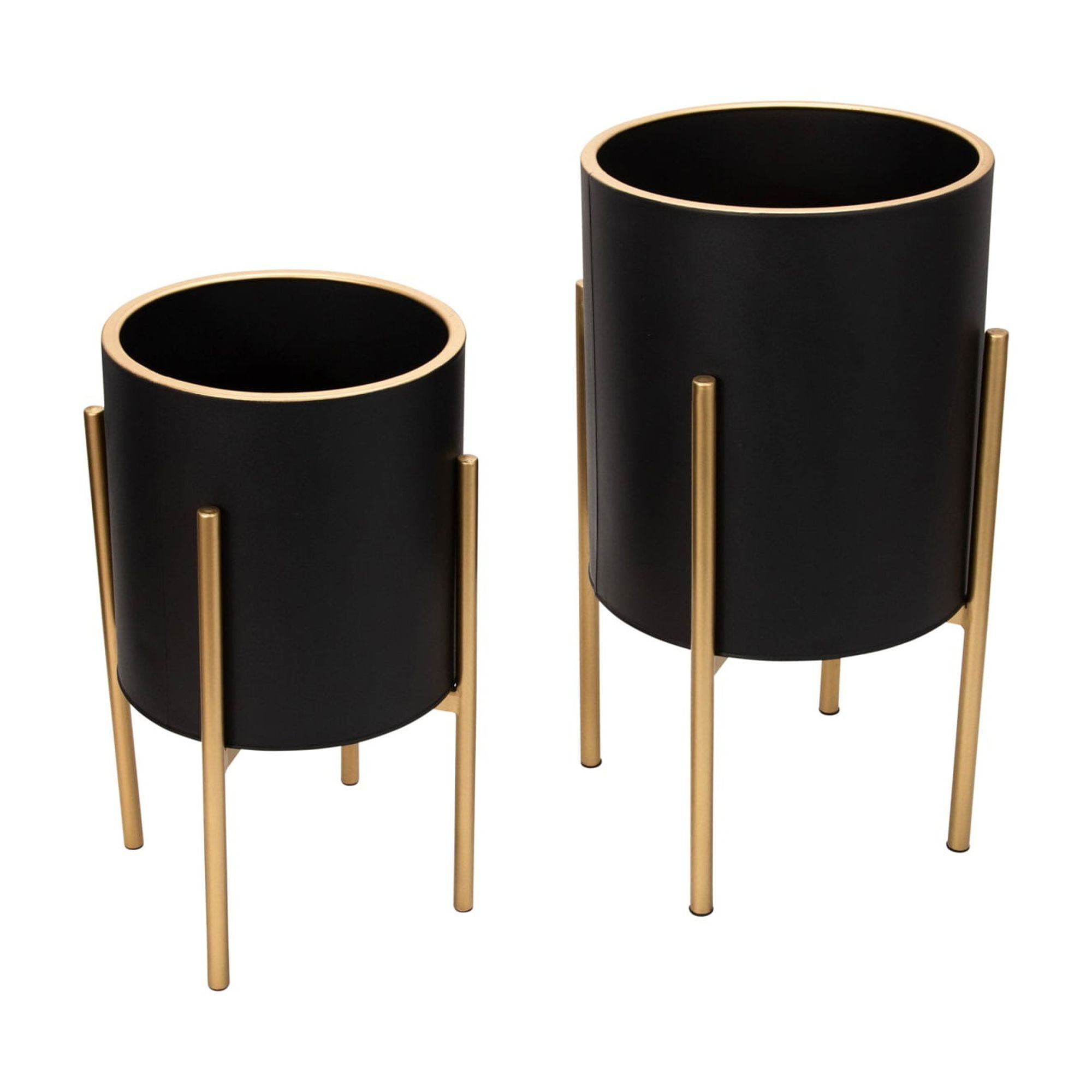 Set of 2 Black Honeycomb Planters with Gold Metal Stands