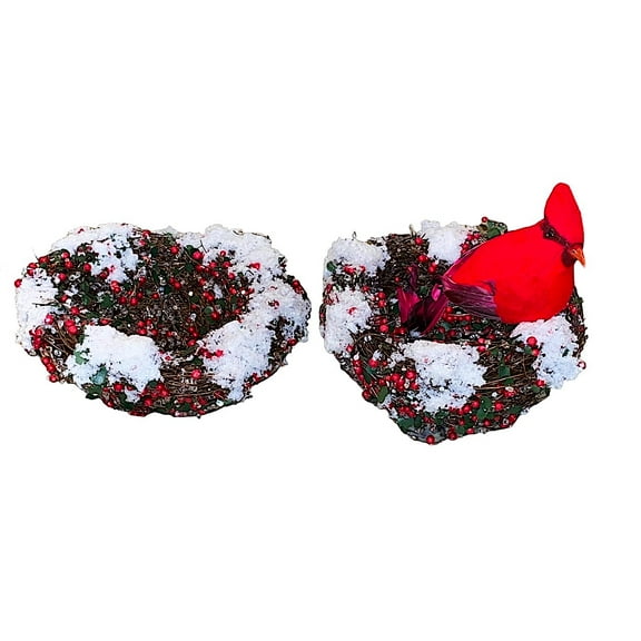 S/2 Snowy Bird Nest Angel Vine W Red Berries Winter Ornament Decoration Craft Shelf Tabletop Window Tree Fireplace Mantel 6" D