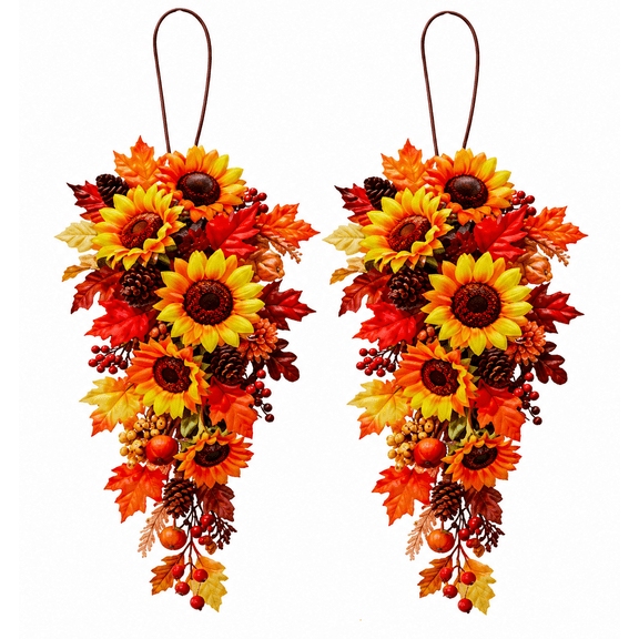 S/2 Swags Fall Sunflower Metal Hanging Autumn Thanksgiving Floral Wall Door Dcor for Indoor Covered Outdoor Use Harvest Seasonal Decoration Mantel Fireplace Patio Porch 22"x10"