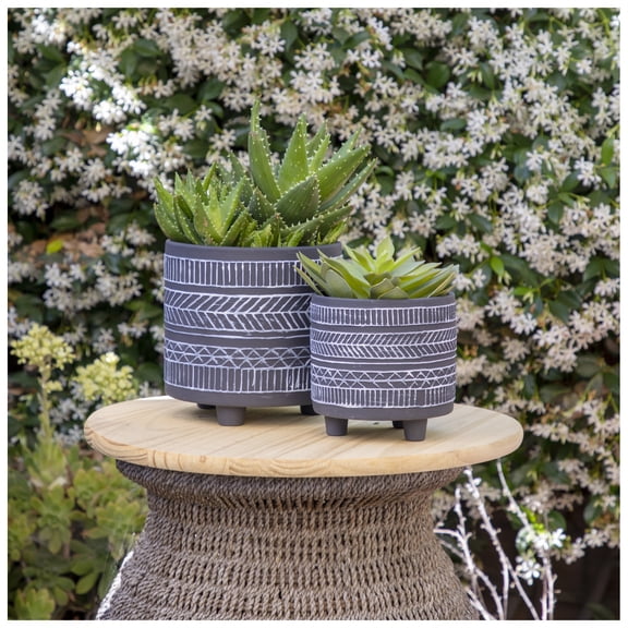 S/2 TRIBAL LOOK FOOTED PLANTER 6/8", BLACK Black + Ceramic