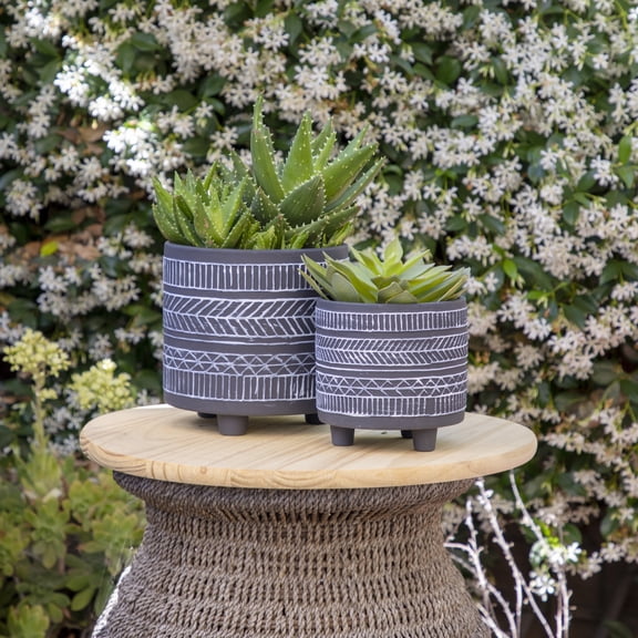 S/2 TRIBAL LOOK FOOTED PLANTER 6/8", BLACK On-Site