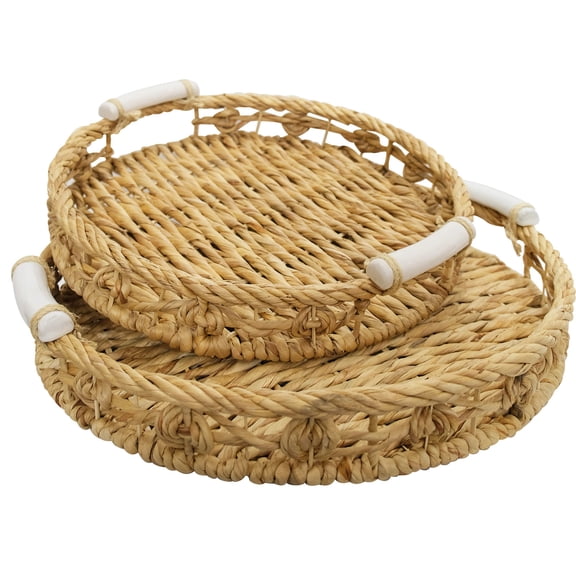S/2 Twisted WH Round Tray with glossy white ceramic handles
