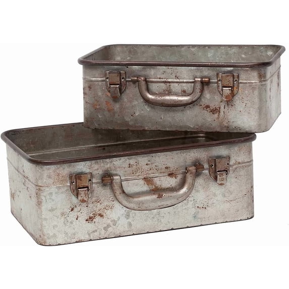 S/2 Vintage Metal Storage Trunks Galvanized Tin Suitcase Style Organizer Boxes with Handles Decorative Storage Containers for Home Office Shelf Display