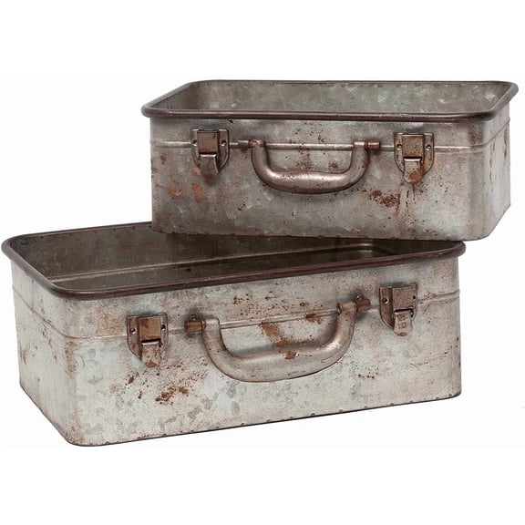 S/2 Vintage Metal Storage Trunks Galvanized Tin Suitcase Style Organizer Boxes with Handles Decorative Storage Containers for Home Office Shelf Display