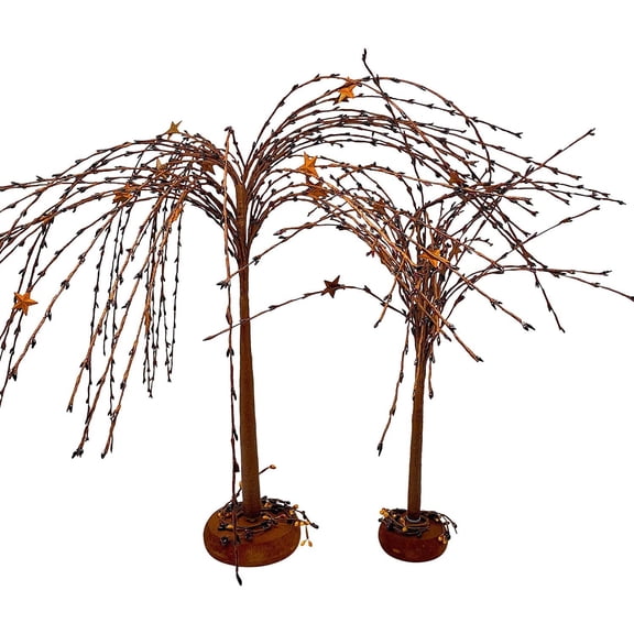 S/2 Willow Trees W Stars Rustic Primitive Table Counter Decor 18" & 12" (Dark Berries)