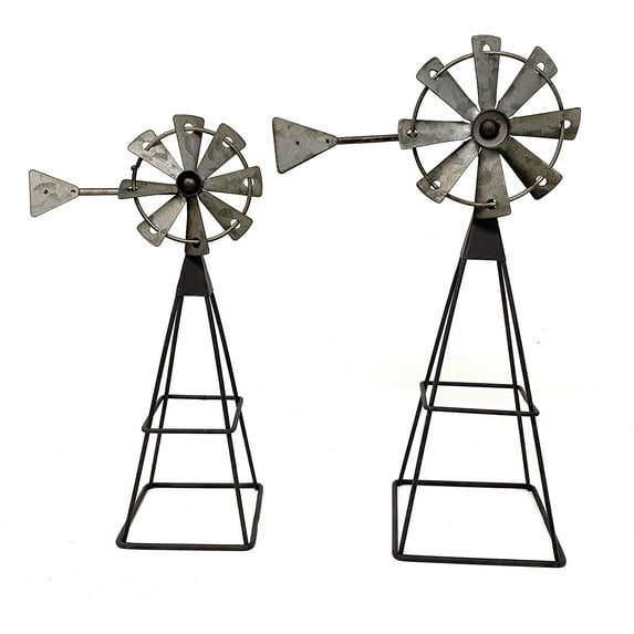 S/2 Windmill Metal Art Statues Small Rustic Home Business Room Shelf Table Window Indoor Outdoor Decor 12" & 10" H
