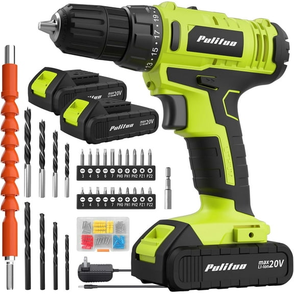 S 20V Cordless Drill/Driver, Electric Screwdriver - 2 Batteries, 30Nm, 21+1 Torque, Speed, Keyless 3/8" Chase Drill with LED Light, Kit for Home (Green)