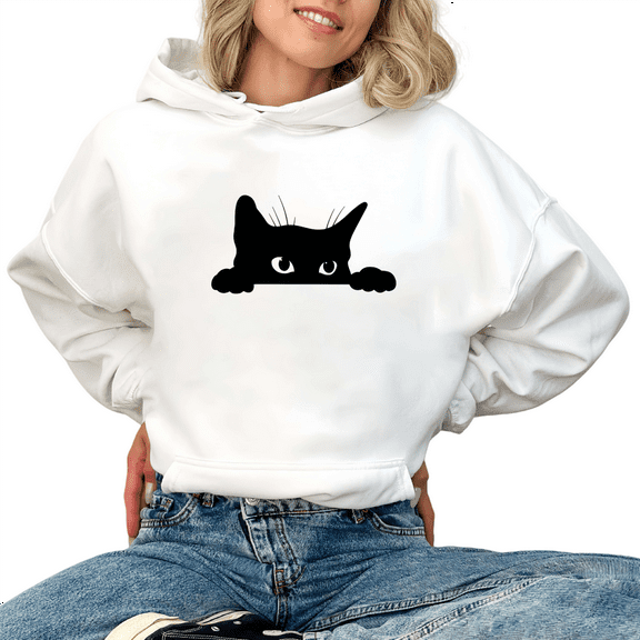 S-2XL White Print Hoodie Graphic Sweatshirt Fun Minimalist Black Cat Peeking Pattern Soft Loose Fit Pet Casual Pullover Tops