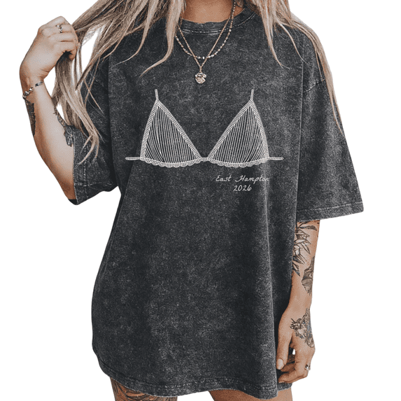 S-2XL Womens Vintage Wash T Shirt Black with Bikini Graphic Print Casual Crew Neck Short Sleeve Beach Tee