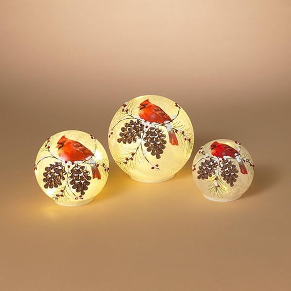 S/3 B/O Lighted Holiday Glass Cardinal Design Spheres, Lg is 5.9" D