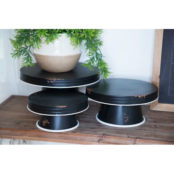 S/3 Distressed Enamel Pedestal Servers - Black