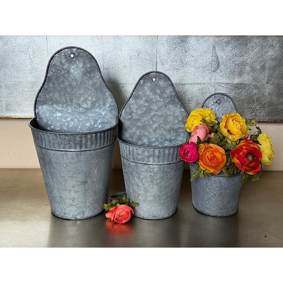 S/3 Half Round Hanging Buckets Galvanized Metal Wall Planters Rustic Farmhouse Vertical Garden Pots Indoor Outdoor Silver