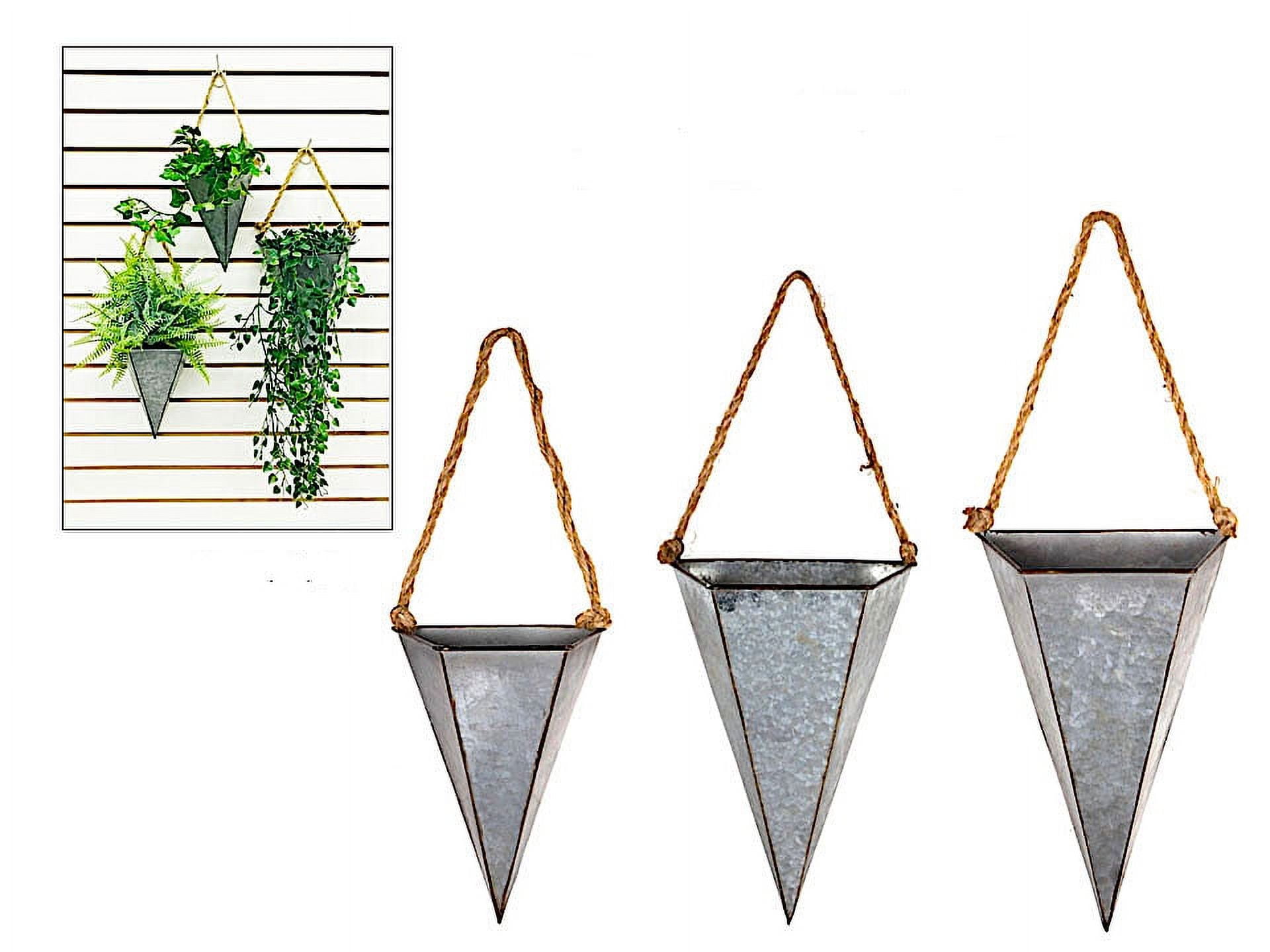 S/3 Hanging Metal Planters Galvanized Pockets W Ropes Cone Shape Modern Urban Rustic Industrial Indoor Outdoor