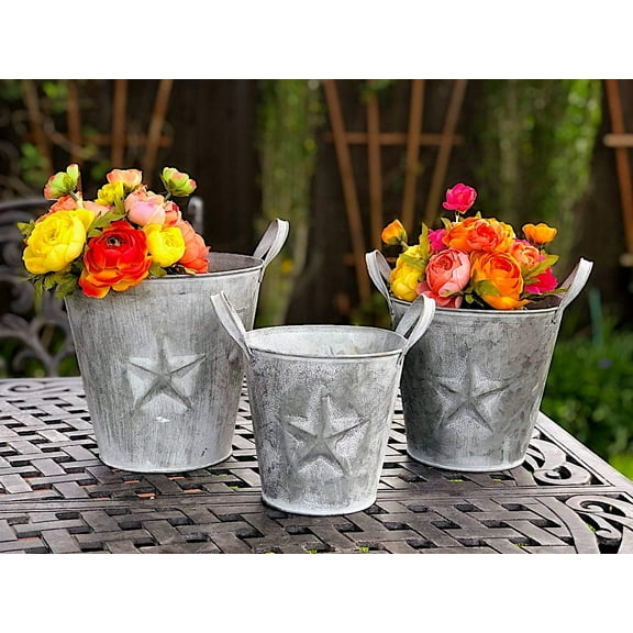 S/3 Metal Buckets Planters With Handles Tarnished Silver Lone Star Design Decorative Distressed Rustic Bathroom Garden Utility Organizer Indoor Outdoor
