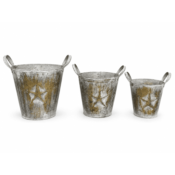 S/3 Metal Buckets Planters With Handles Lone Star Tarnished Gold Design Decorative Distressed Rustic Bathroom Garden Utility Organizer Indoor Outdoor