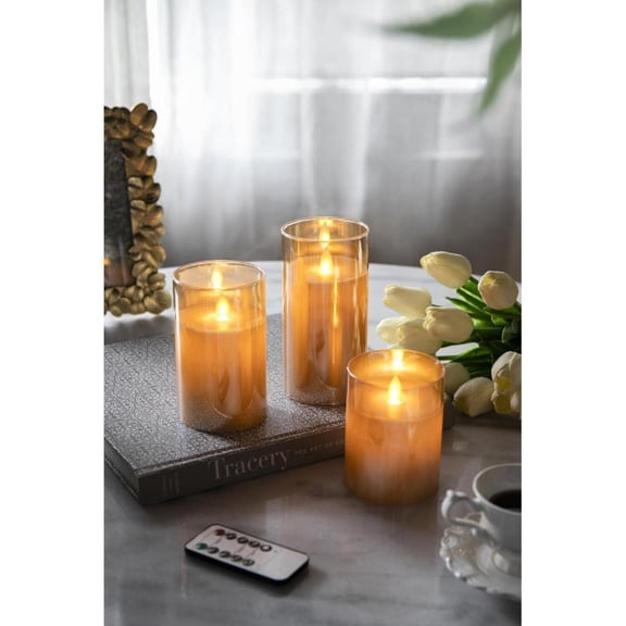 S/3 Real Flame-Effect LED Wax Candles Light With Remote Timer, Amber L:D3x6" M:D3x5" S:D3x4"