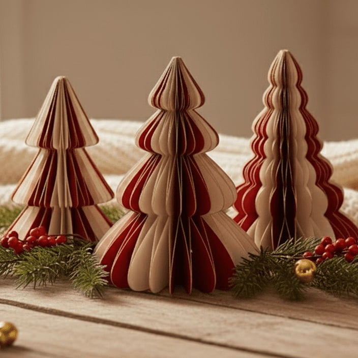 Paper Honeycomb Trees Christmas Decoration, Red and White, 3 Pieces, by Holiday Time