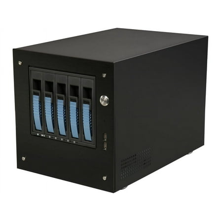S-35-B5BL Black Aluminum / Steel Tower Compact Stylish 5 x 3.5" Hotswap mini-ITX Tower - Blue HDD Handle