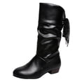 thumbnail image 1 of S-374 Black Womens Winter Knight Boots Round Toe Low Heel Rear Lace Up Warm Mid Calf Pleated Student Style Casual Boots, 1 of 9