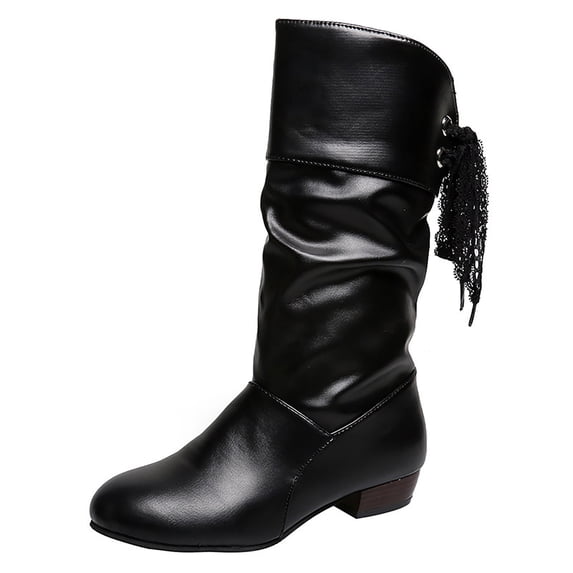 S-374 Black Womens Winter Knight Boots Round Toe Low Heel Rear Lace Up Warm Mid Calf Pleated Student Style Casual Boots