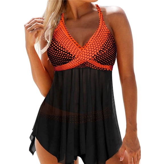 UJJHMRR Lake S-3XL Big Size Women Two-Piece Swimming Suit V-Neck Sleeveless Variegated Color Tops Lake Blue Green Orange Purple Lady Swimsuit