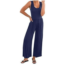 UHUYA Jumpsuits for Women Solid Pocket Romper Short Sleeve V neck Belt Loose Overalls Cotton and Linen Jumpsuit Blue XL US 10 Walmart