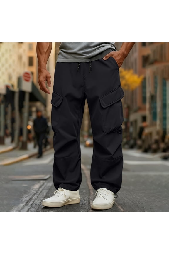 S-4X Big & Tall Cargo Pants for Men Plus Size Windbreaker Waterproof Trousers with Pockets and Drawstring Elastic Waist Straight Leg Hiking Pant