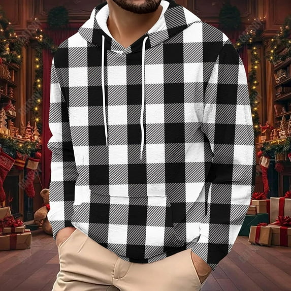 S-4X Big & Tall Flannel Hoodies for Men Plus Size Fleece Sherpa Sweatshirts Long Sleeve Pullover Plaid Printed Thermal Athletic Workout Hoodie Tops