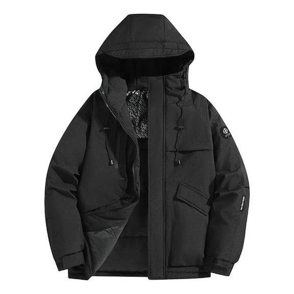 S-4X Big & Tall Quilted Rain Jackets for Men Plus Size Zip Up Raincoats Long Sleeve Waterproof Thermal Warm Winter Jacket with Pockets and Hoodie