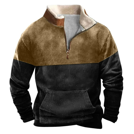 S-4X Big & Tall Sweatshirts for Men with Pocket and Zipper Stand Collared Plus Size Fleece Lined Pullover Color-Block Warm Hiking Sweatshirts Shirts