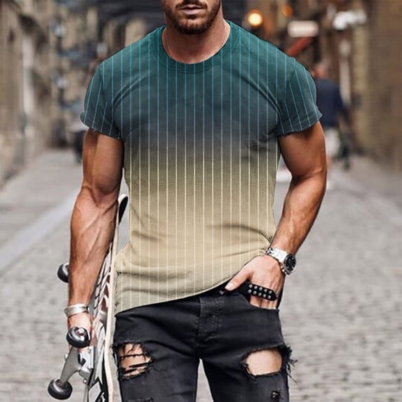 S-4X Big & Tall T Shirts for Men Plus Size Short Sleeve Crewneck Tees Tops Mens Casual Gradient Stripe Printed Pullover Slim Workout Tshirts Shirt