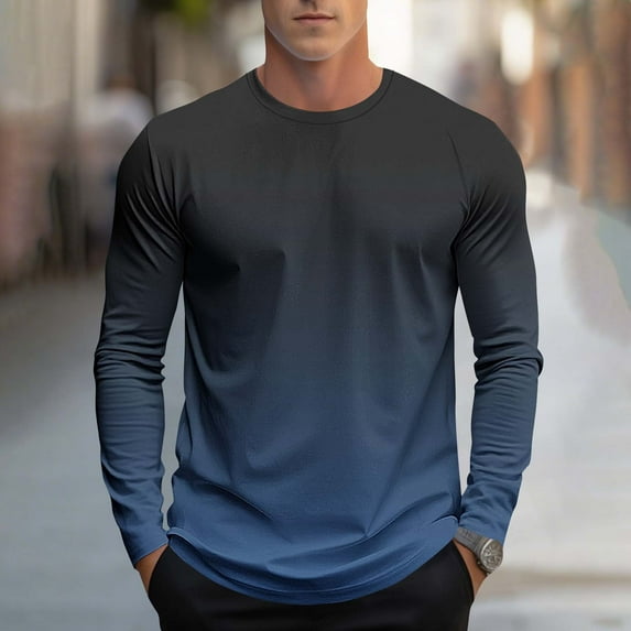 S-4X Mens Big & Tall T Shirts Plus Size Long Sleeve Crewneck Tees Tops Trendy Gradient Printed Pullover Breathable Athletic Workout Tshirts Shirt