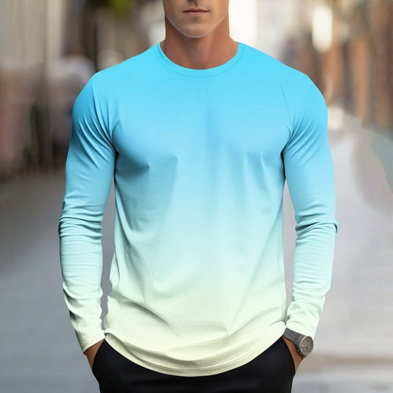 S-4X Mens Big & Tall T Shirts Plus Size Long Sleeve Crewneck Tees Tops Trendy Gradient Printed Pullover Breathable Athletic Workout Tshirts Shirt