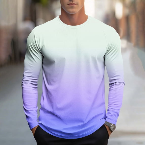 S-4X Mens Big & Tall T Shirts Plus Size Long Sleeve Crewneck Tees Tops Trendy Gradient Printed Pullover Breathable Athletic Workout Tshirts Shirt
