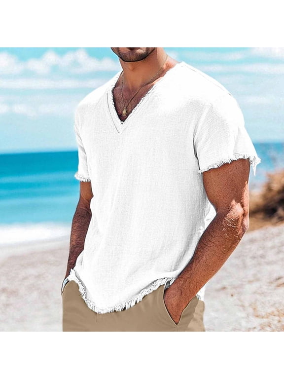 S-4X Plus Size Mens Big & Tall Linen T-Shirts Ripped Short Sleeve Tshirts Shirts for Men Summer Lightweight V Neck Beach Tees Tops