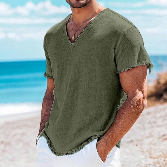 S-4X Plus Size Mens Big & Tall Linen T-Shirts Ripped Short Sleeve Tshirts Shirts for Men Summer Lightweight V Neck Beach Tees Tops