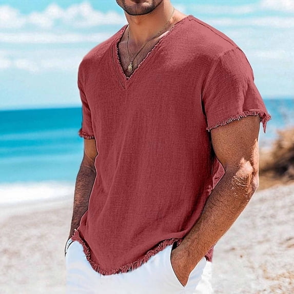 S-4X Plus Size Mens Big & Tall Linen T-Shirts Ripped Short Sleeve Tshirts Shirts for Men Summer Lightweight V Neck Beach Tees Tops